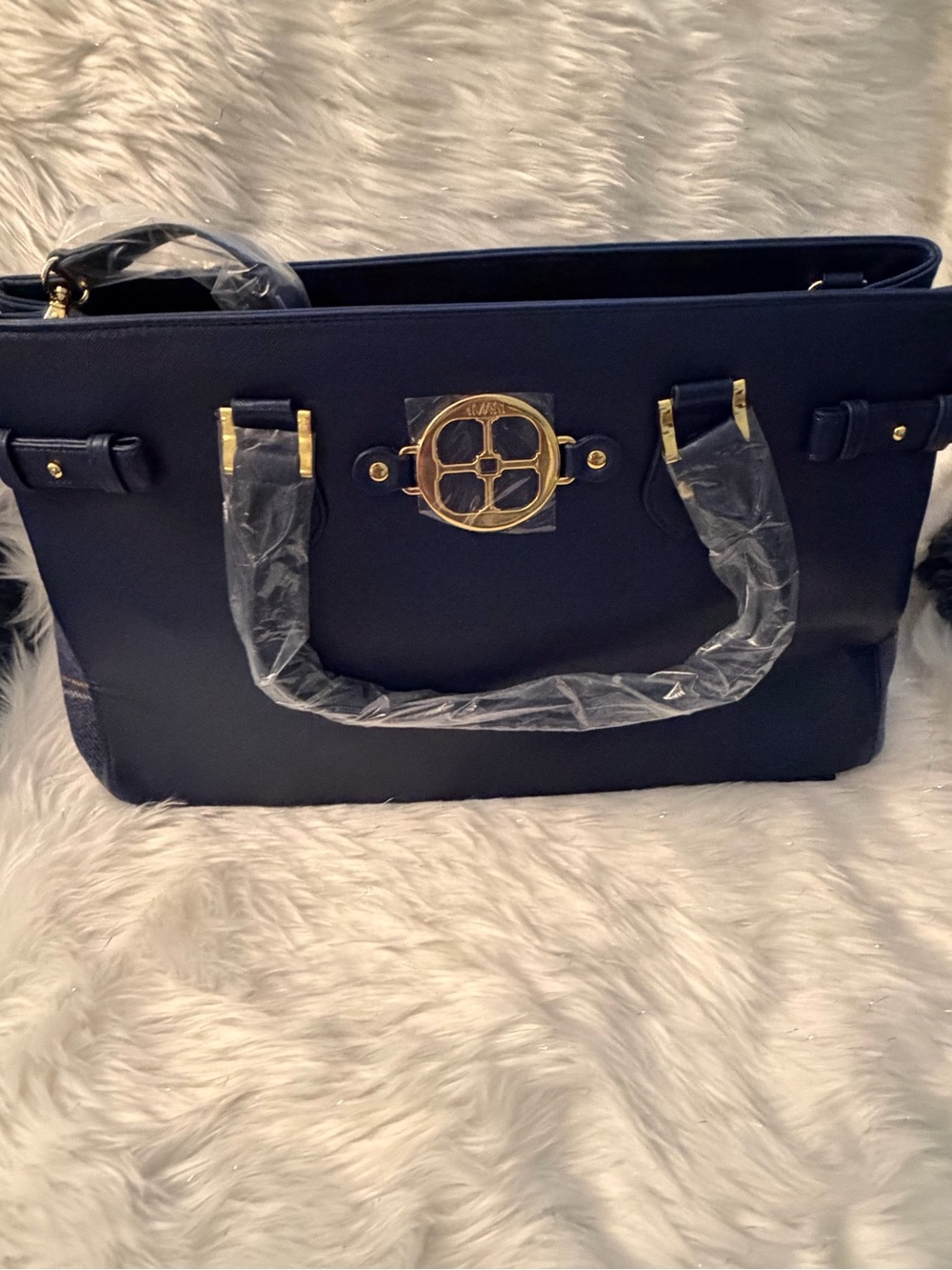 Iman Global Chic Navy Tote Bag with Gold & Plaid Accent - Women's Handbag